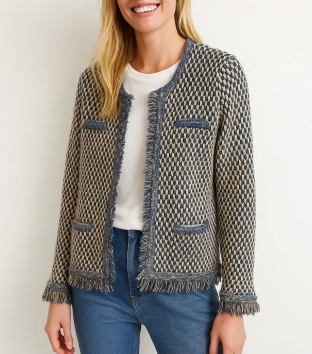 J. McLaughlin Marceline Cardigan Blue Tan Fringe Coatigan Medium